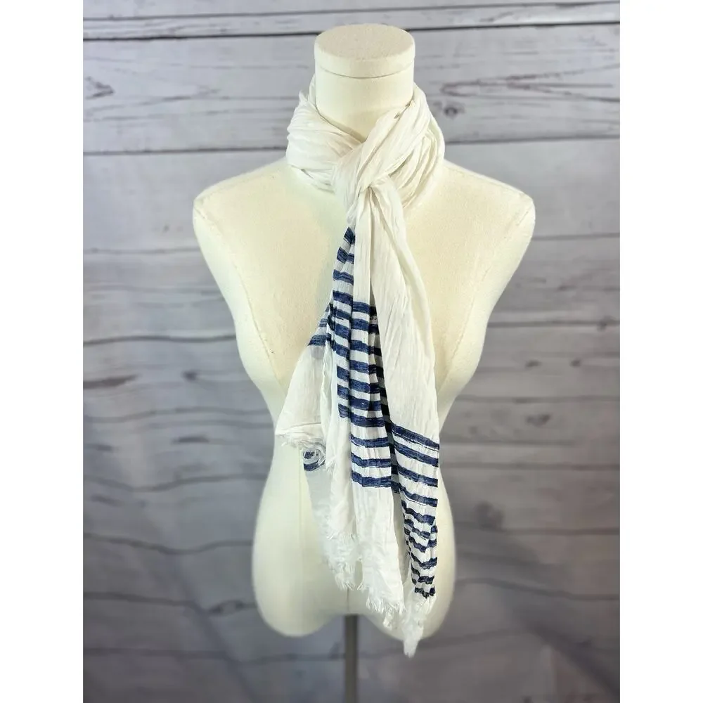 MNG White Blue Stripe Cotton Scarf Shawl Wrap Fringe Raw Hem Lightweight - Picture 1 of 4
